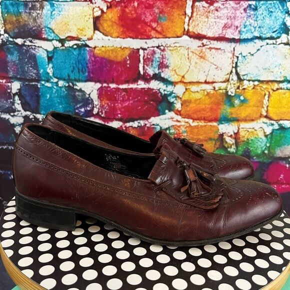 Florsheim Burgundy Leather Kiltie Tassel Wingtip Slip On Loafer Size 9 Medium - Picture 1 of 9